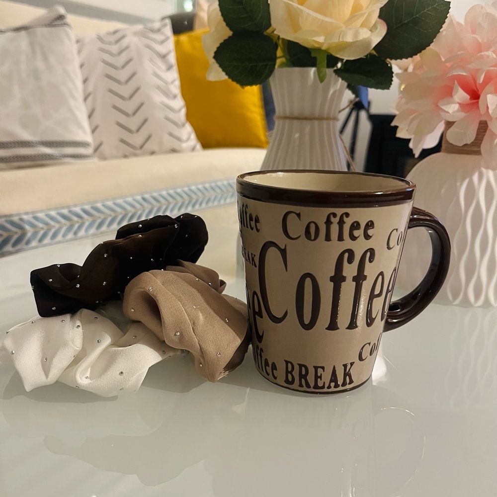 Coffee-Themed Brown and Cream Mug with 3 studded silk scrunchies